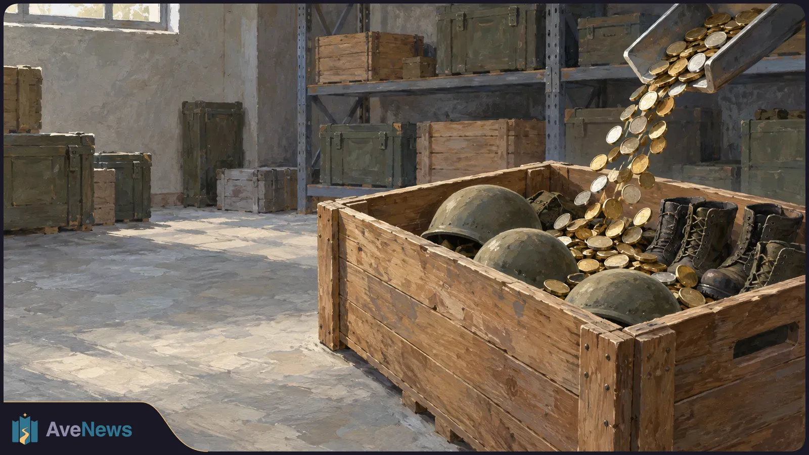 Painted warehouse scene with coins pouring from a chute into a wooden crate holding helmets and boots; storage crates line the walls. SI illustration