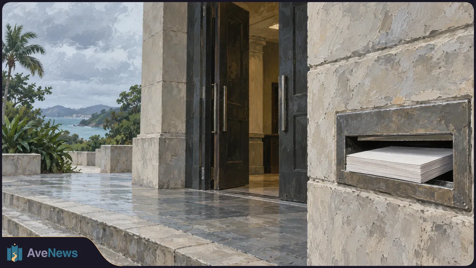 Painterly view of stone steps and open dark doors beside a seaside terrace. A stack of white papers sits in a wall slot; palm trees, water and hills appear beyond. SI illustration