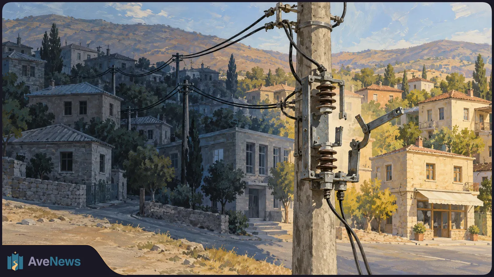 Painted hillside street with stone houses, trees and overhead power lines; a utility pole with electrical equipment stands in the foreground. SI illustration