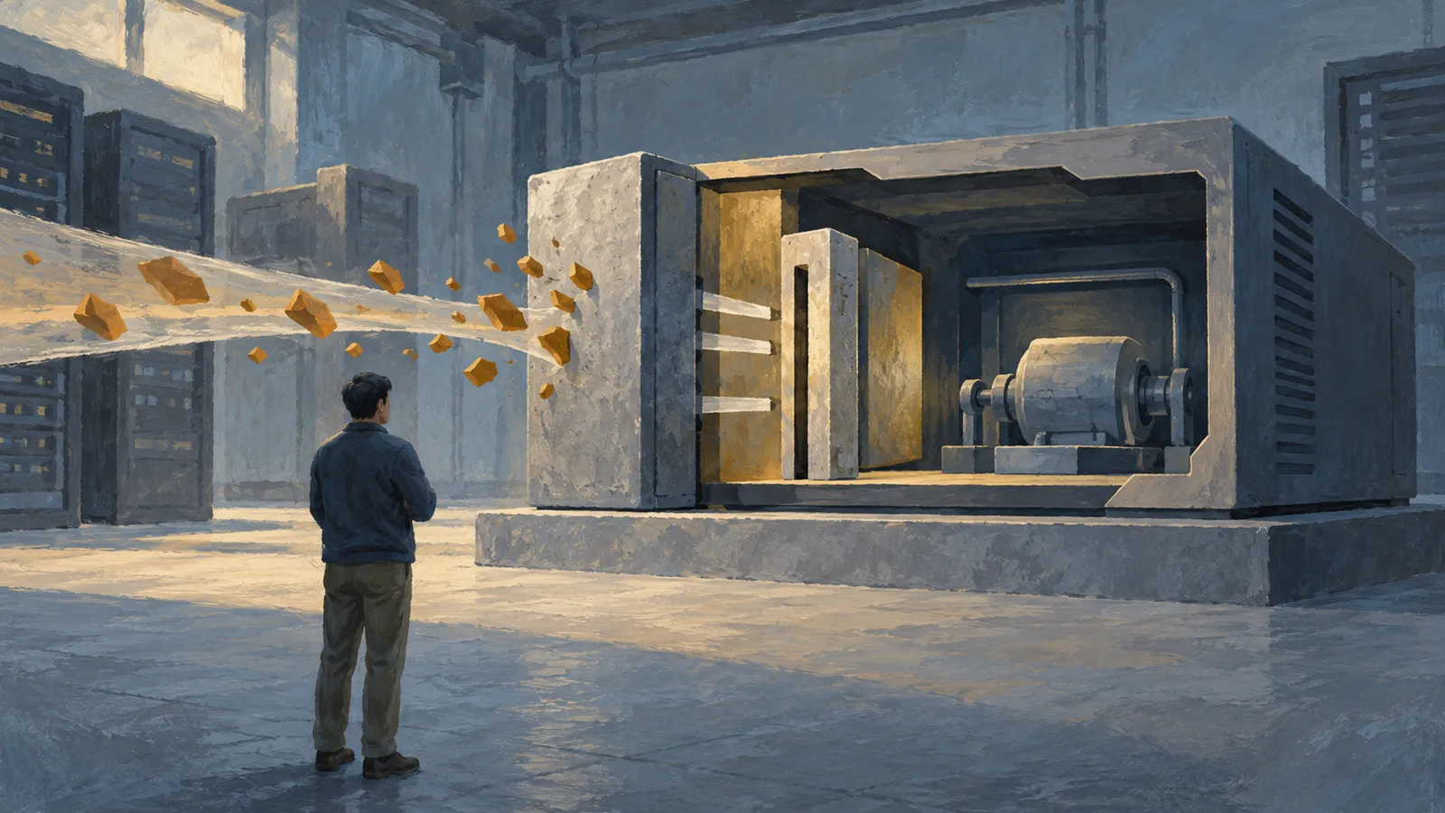 A painted scene shows a person facing a large open machine in a server room, with orange fragments suspended in a pale stream beside it. SI illustration