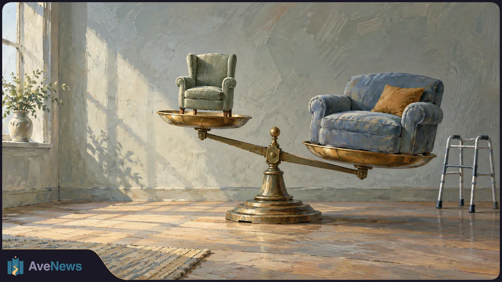In a sunlit painted room, a small green armchair and a larger blue armchair sit on opposite pans of a tilted balance scale, with a walker nearby. SI illustration