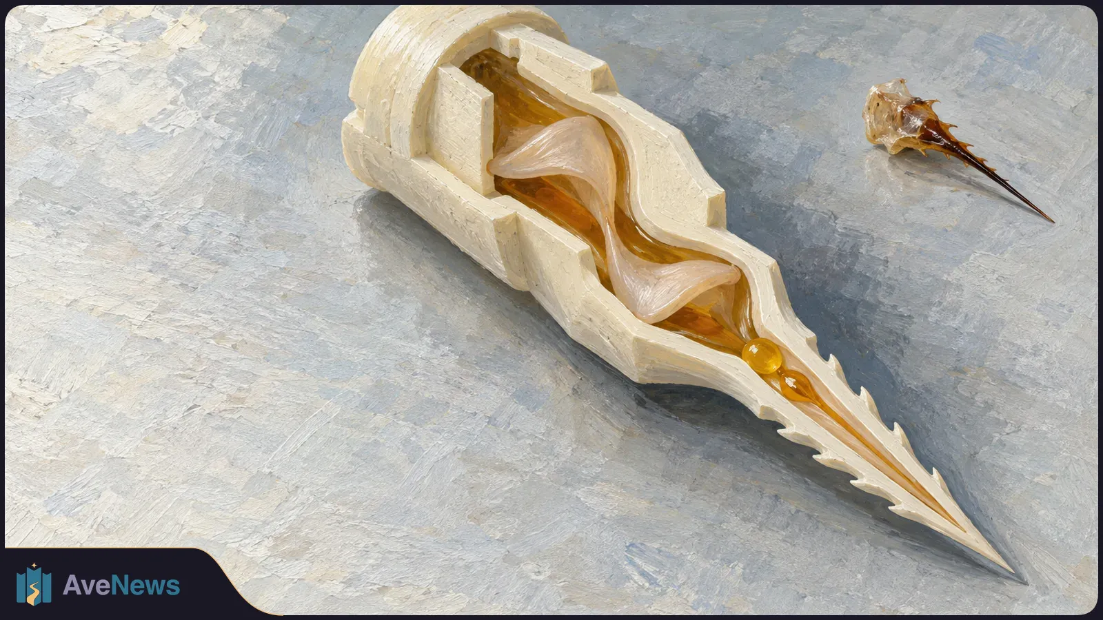 Painterly illustration of an enlarged, cutaway bee stinger showing pale curved parts and an amber channel, with a smaller stinger at upper right. SI illustration