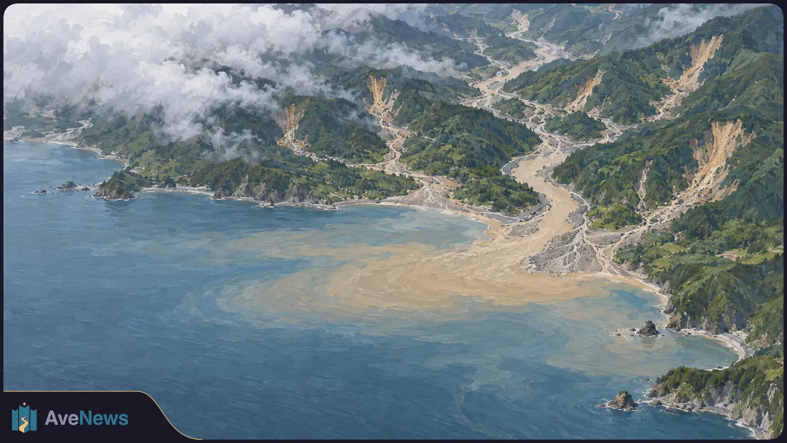 Painted aerial view of green coastal hills scarred by landslides, muddy rivers flowing into a blue bay, and low clouds. SI illustration