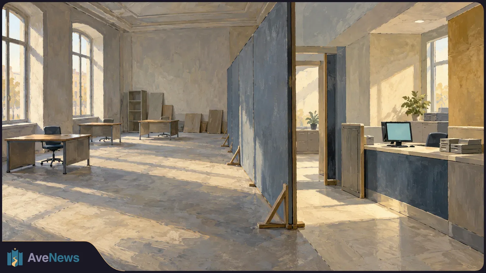 Painterly view of a sunlit office: desks and chairs stand beside a temporary partition, with a service counter and blank monitor on the other side. SI illustration