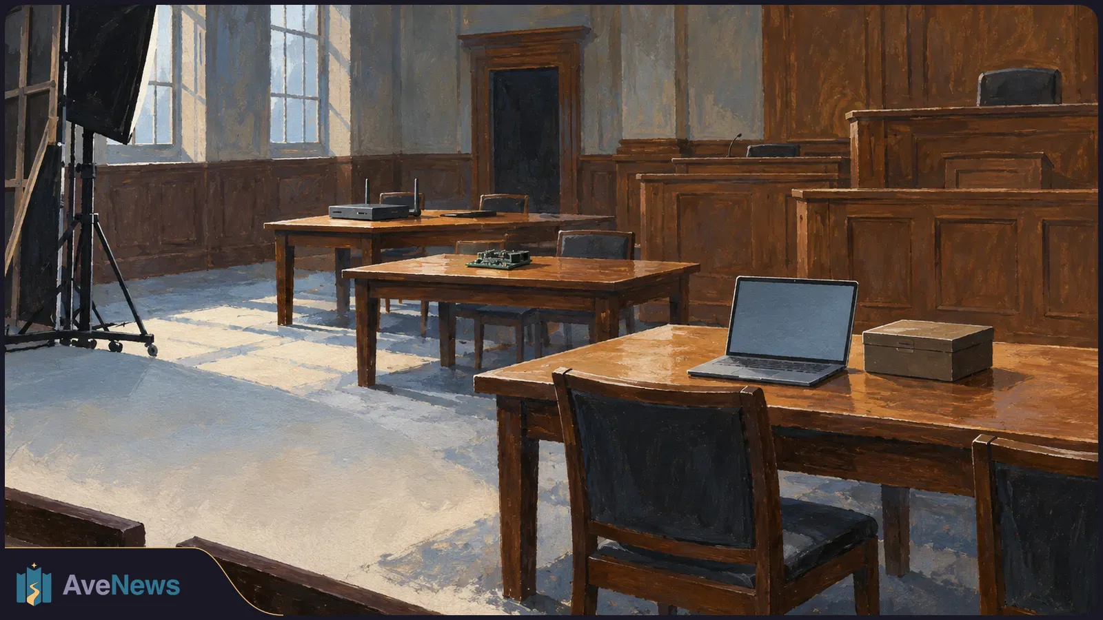 Painted courtroom with a blank-screen laptop, a circuit board and other equipment on wooden tables; a studio light stands at left. SI illustration