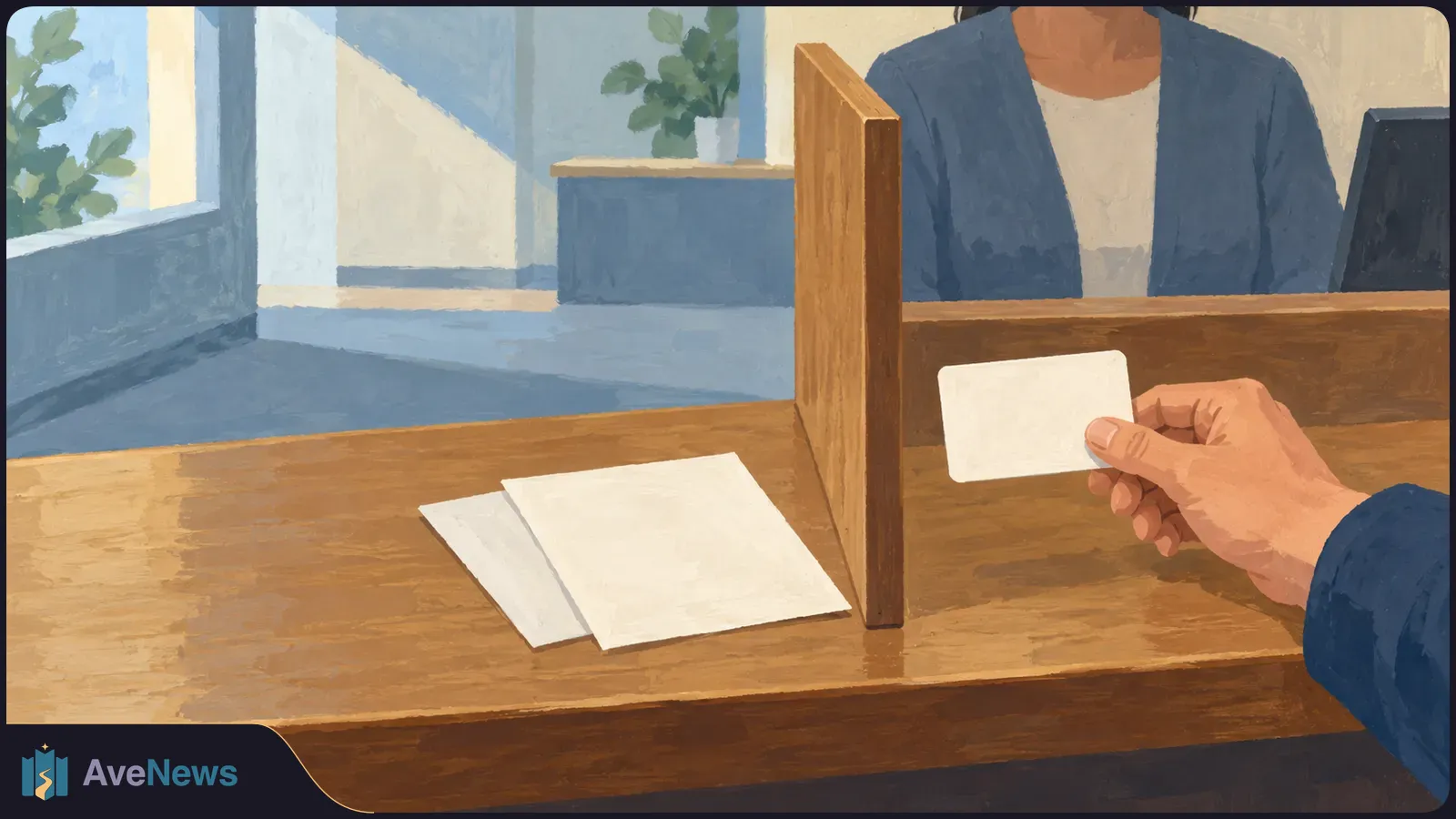 Illustration of a hand holding a blank card at a wooden counter, with blank papers nearby and a person seated behind the partition. SI illustration