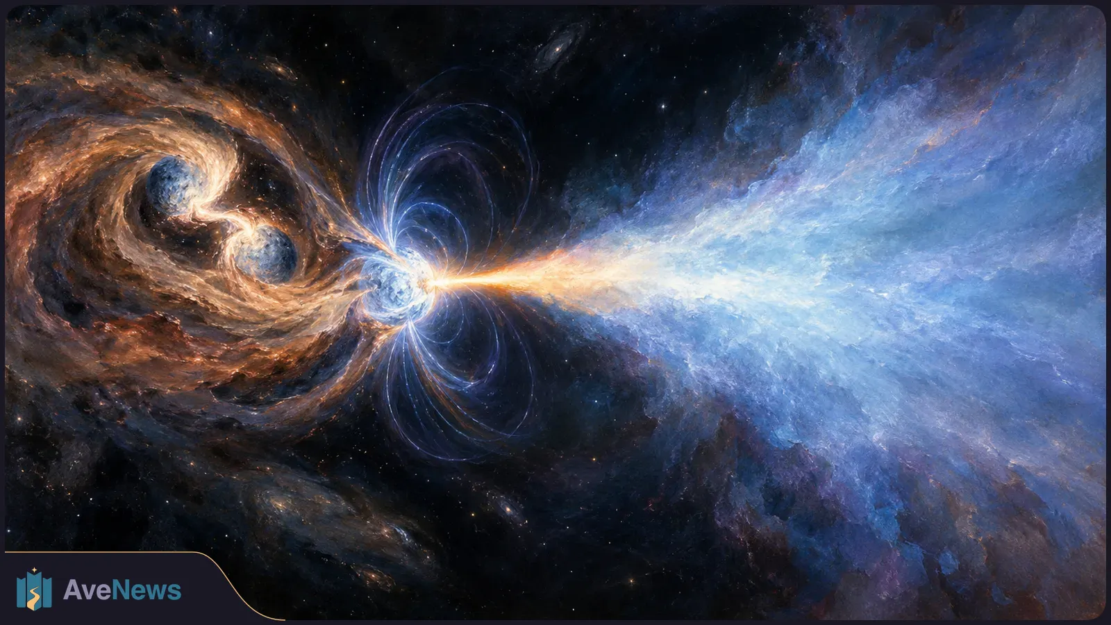 Painted space scene with three blue-gray spheres linked by swirling orange light; magnetic-looking loops surround the brightest sphere, which sends a broad blue-white beam to the right. SI illustration