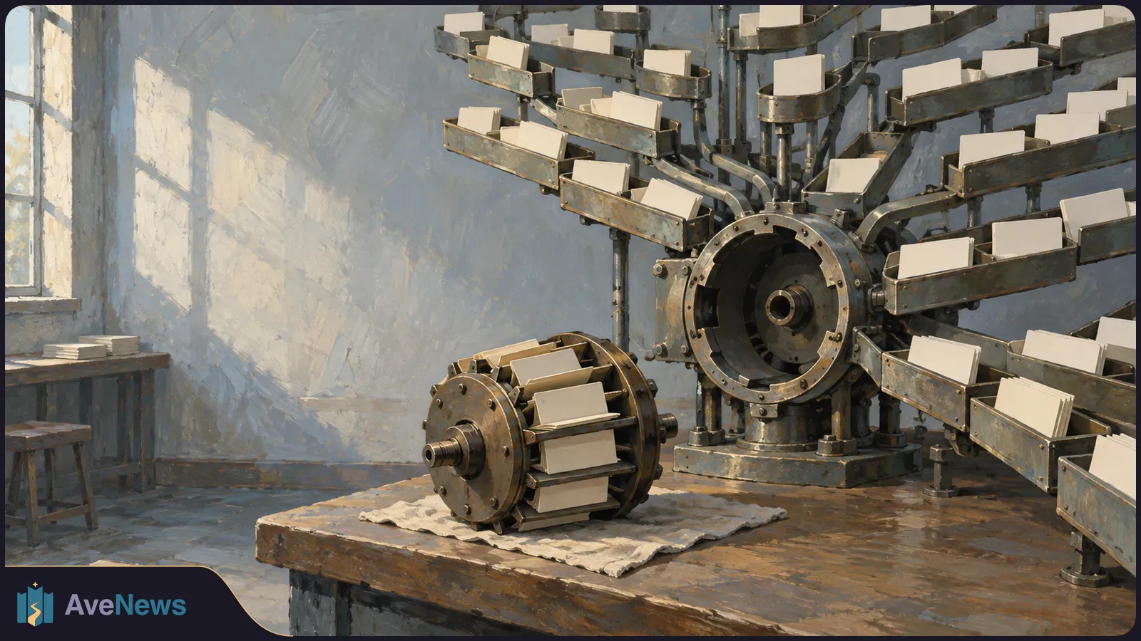 Painterly illustration of a radial machine holding blank cards, with a detached drum on a wooden table in a sunlit workshop. SI illustration