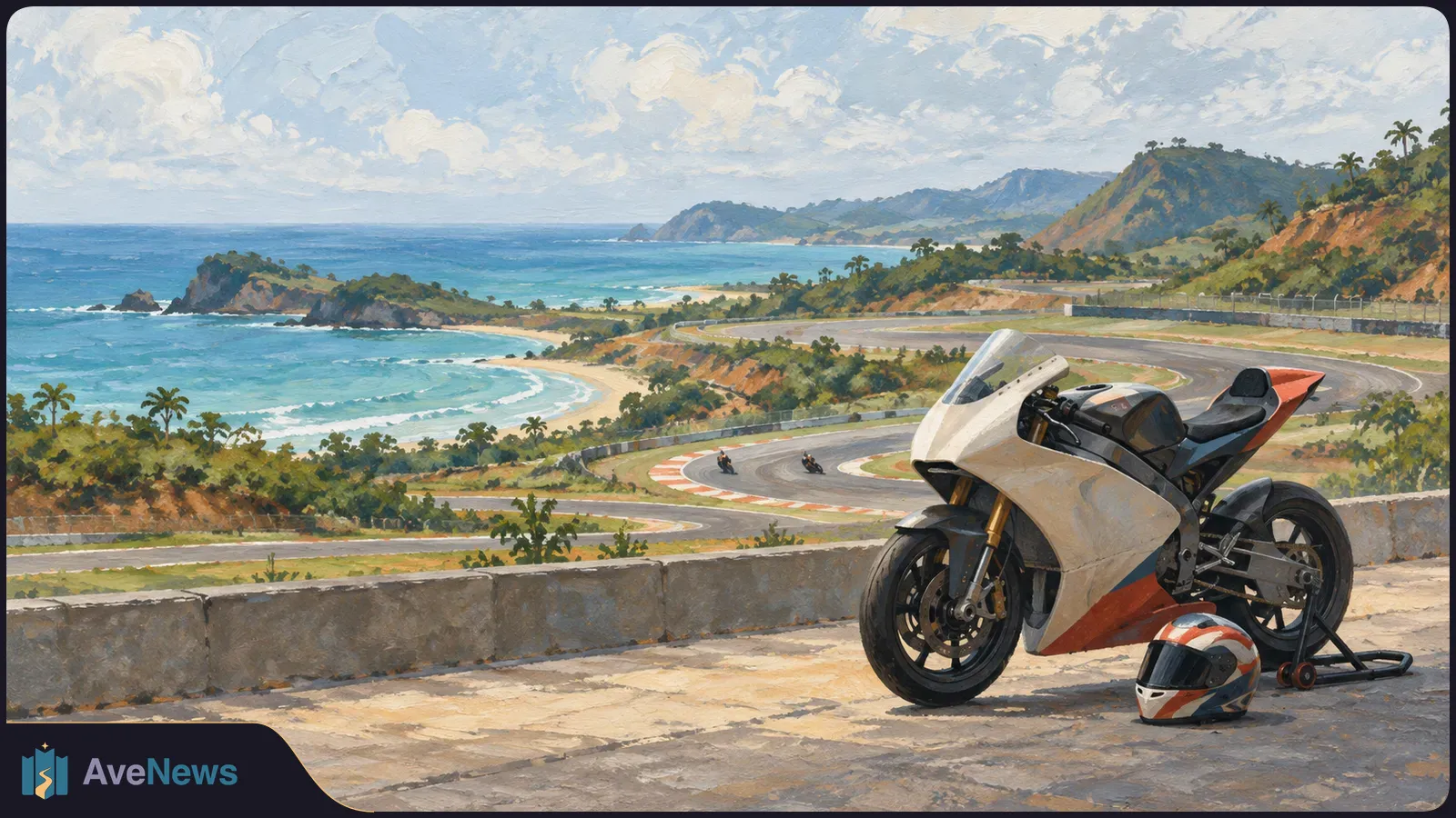 Painted coastal race circuit with a white, black and red motorcycle beside a helmet in the foreground, and two distant riders rounding a bend. SI illustration