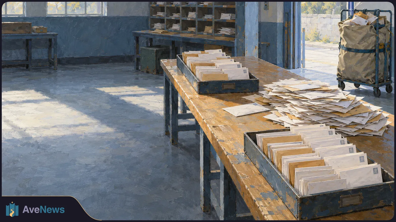 Painted postal sorting room with trays of envelopes on a wooden table, a pile of letters, sorting shelves and a mail sack on a trolley. SI illustration
