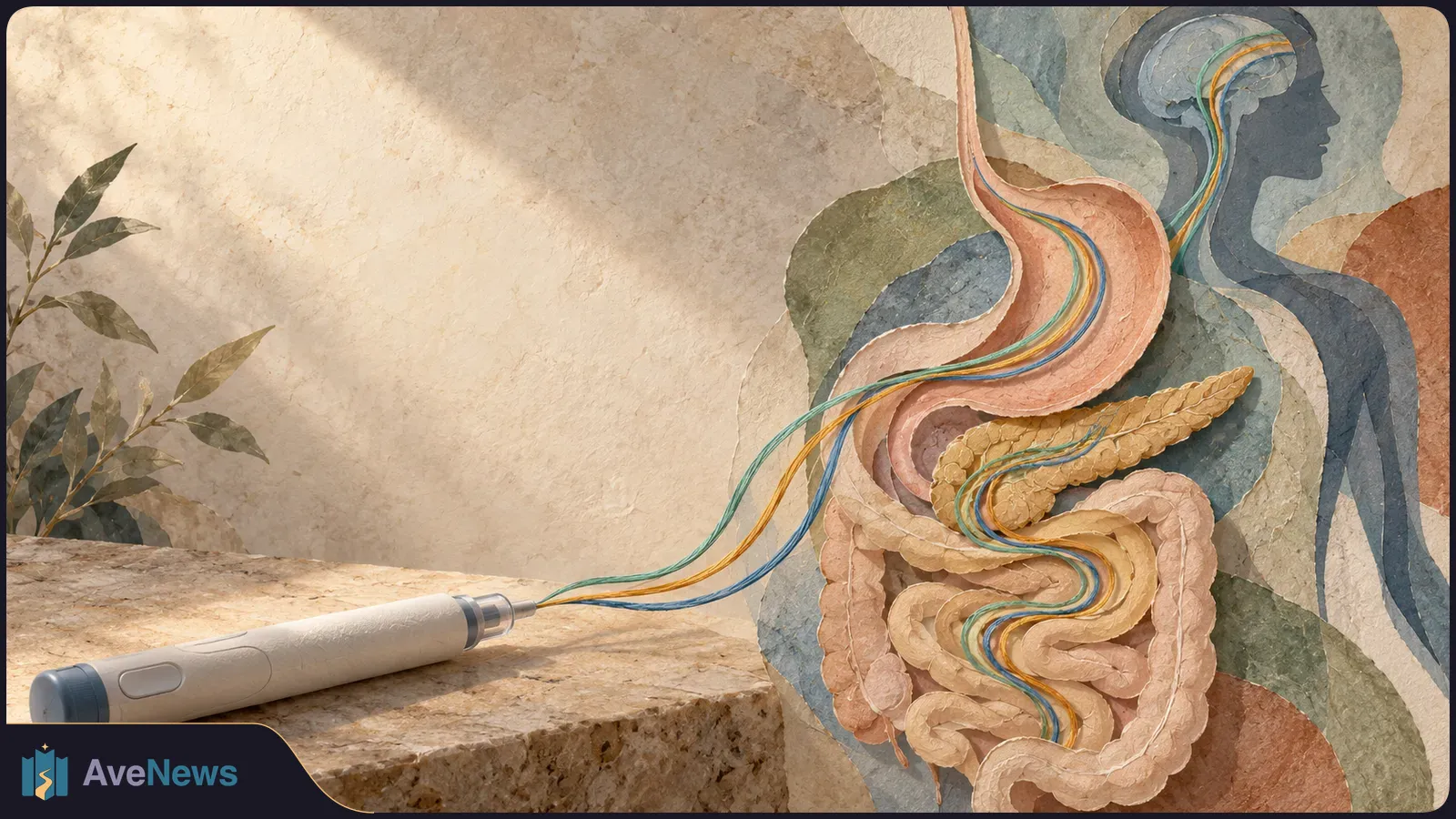 An injection pen sends three colored lines through a stylized stomach, pancreas and intestines inside a human silhouette. SI illustration