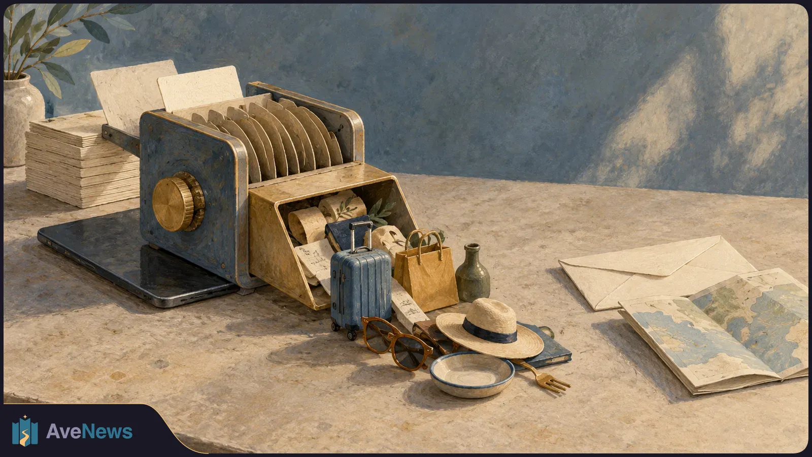 Painterly illustration of a card-filled machine on a tablet, spilling out a suitcase, shopping bag, hat and sunglasses; envelopes and an open map lie nearby. SI illustration