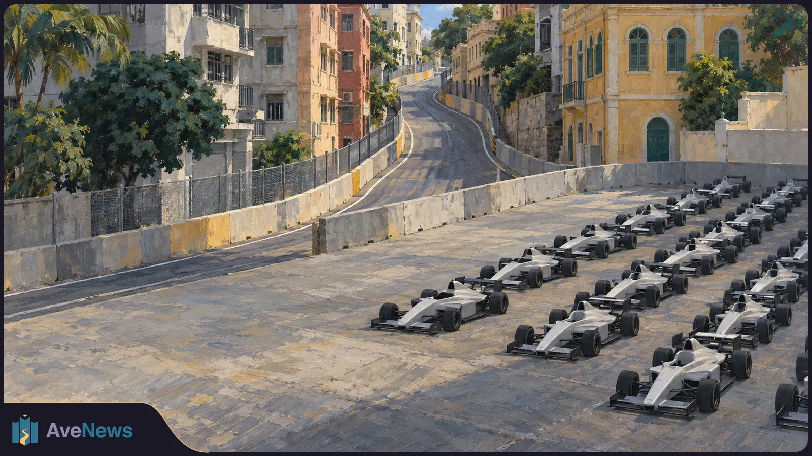 Painted city street circuit with rows of unmarked open-wheel race cars beside concrete barriers; the road curves uphill between buildings. SI illustration