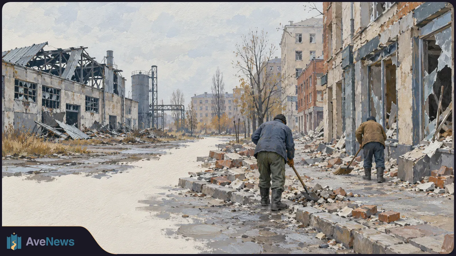 Illustration of two people clearing rubble with shovels on a street lined with damaged buildings, broken windows and a collapsed industrial roof. SI illustration