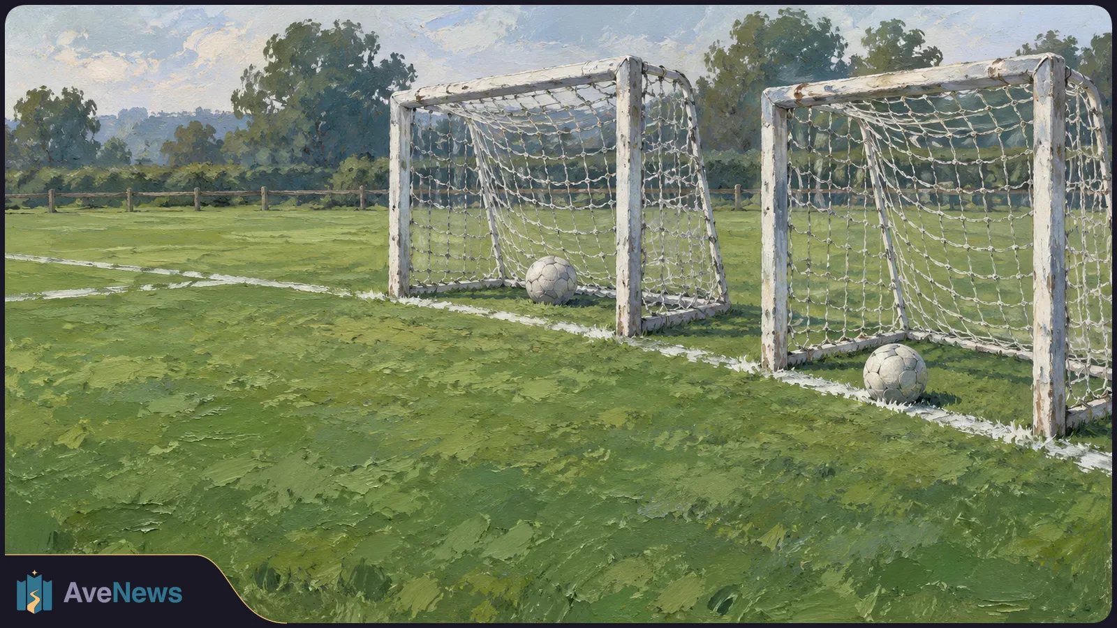 Painted football field with two goals side by side, each with a ball resting near its net. SI illustration