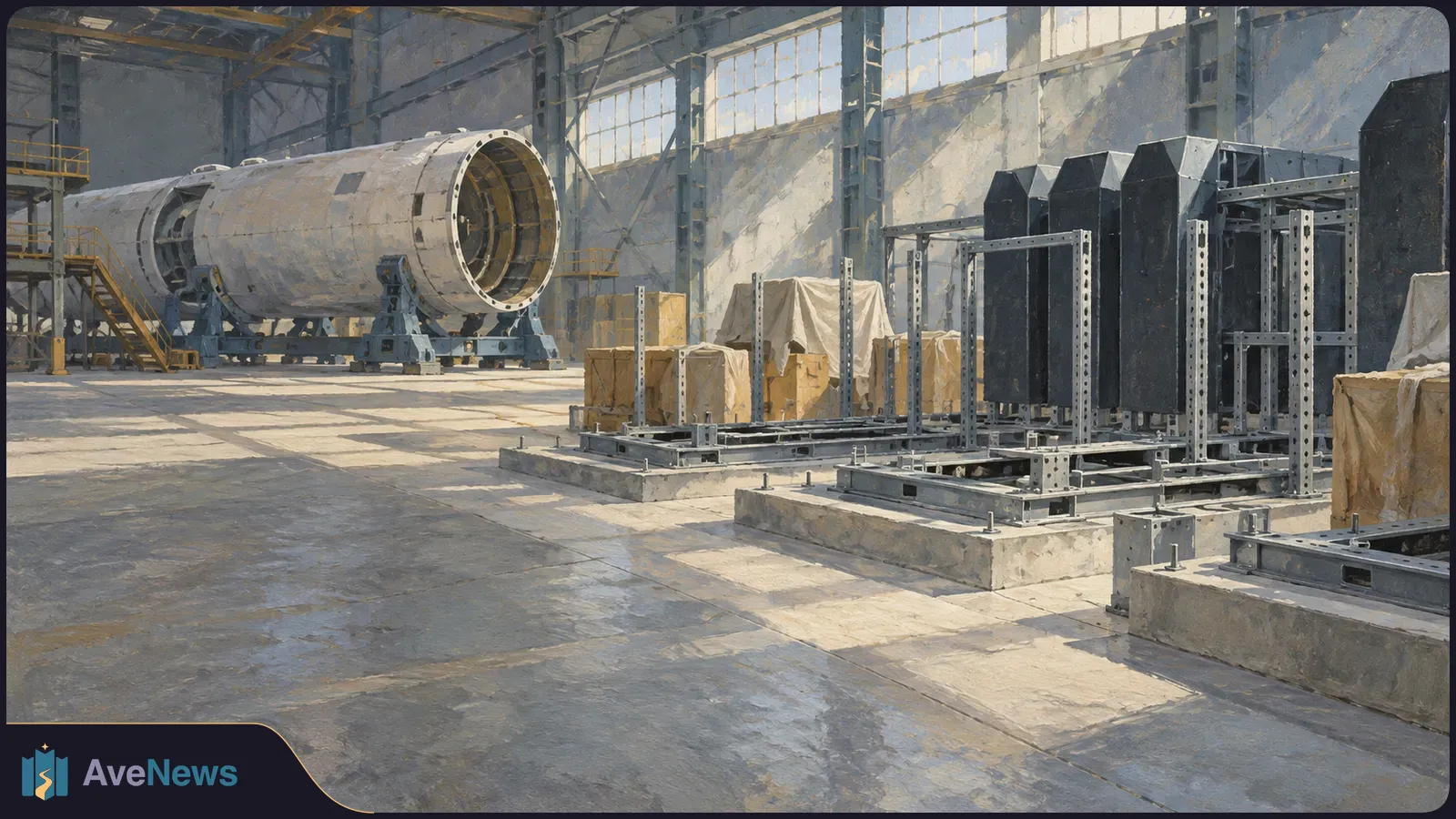 A large metal cylinder rests on supports in a sunlit industrial hall, beside rows of dark upright equipment cabinets, metal frames and covered crates. SI illustration