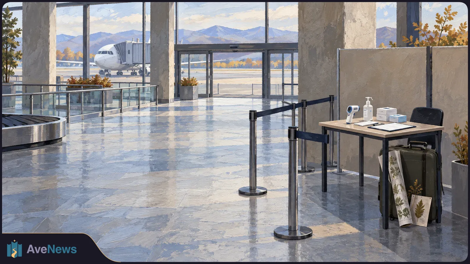 Painted airport terminal with a screening table holding a thermometer and sanitizer, queue barriers, a suitcase, and a plane visible through the windows. SI illustration