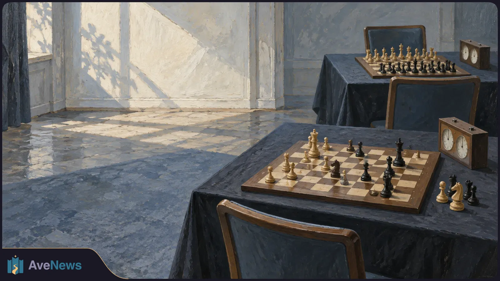 Painted sunlit room with two chessboards on dark-covered tables, chess clocks beside them, and empty chairs. Pieces are scattered across the nearer board. SI illustration