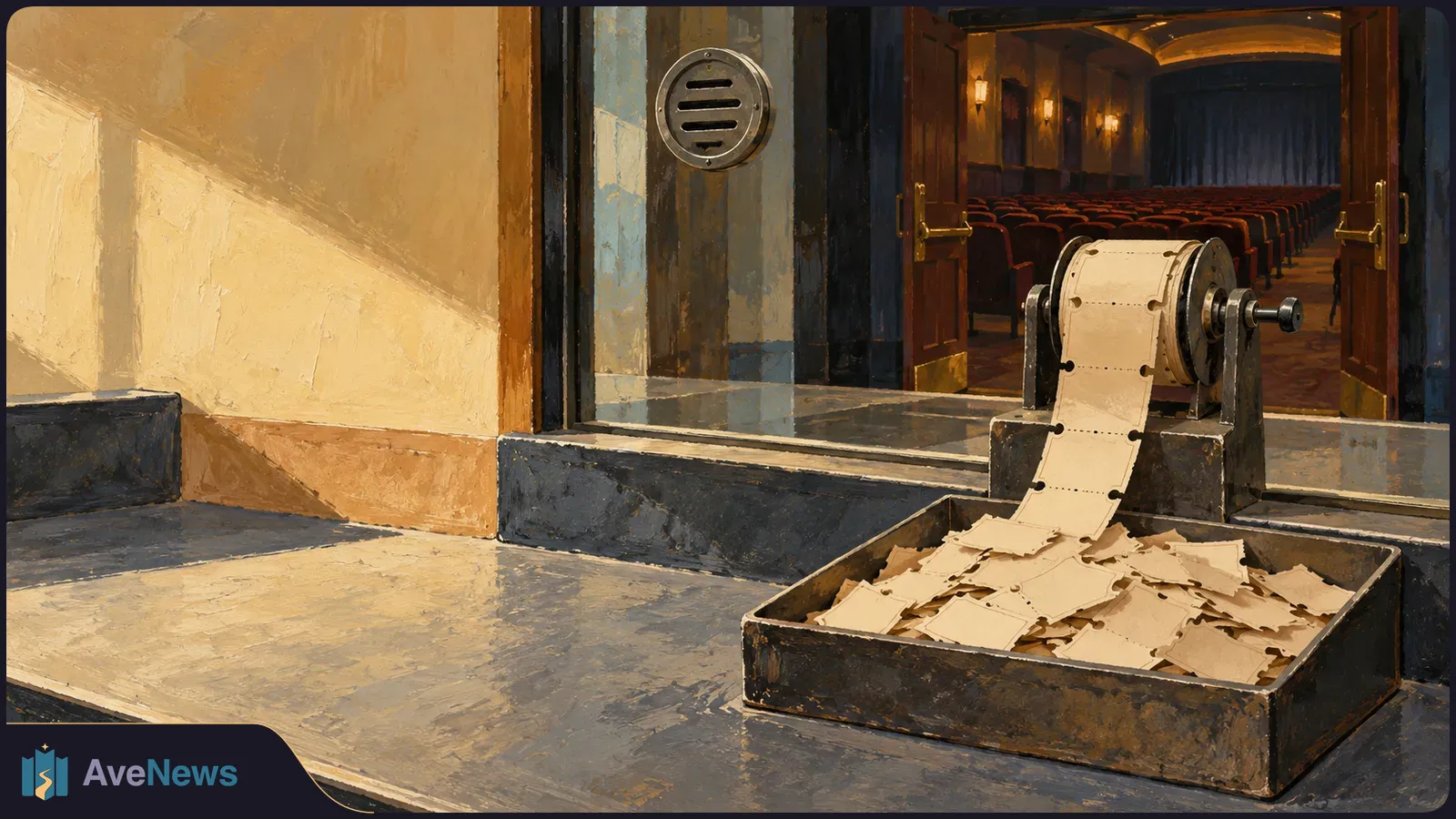 Painted theater ticket counter with a roll of blank tickets spilling into a tray; rows of seats are visible through open doors. SI illustration