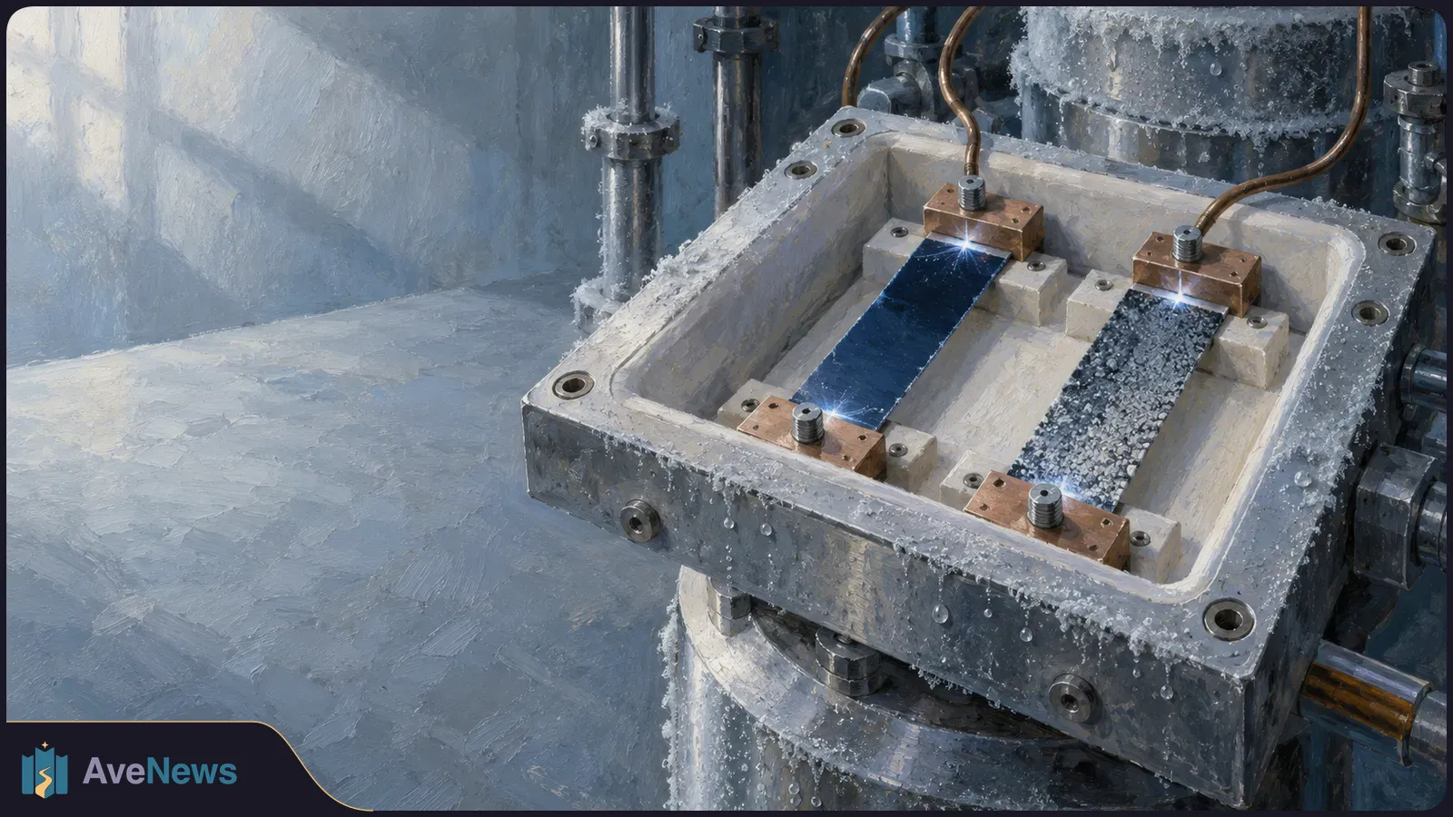 Two contrasting strips, one smooth and dark blue, the other rough and speckled, sit beneath copper electrical contacts in a frost-covered apparatus. SI illustration