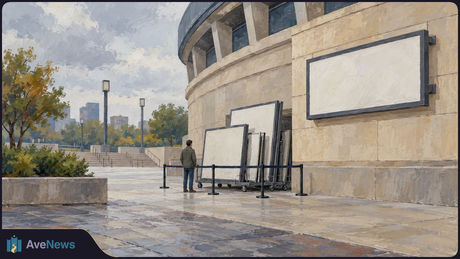 Painted view of a curved arena exterior with a blank wall sign and several blank panels on carts behind a barrier. A person stands nearby under a cloudy sky. SI illustration