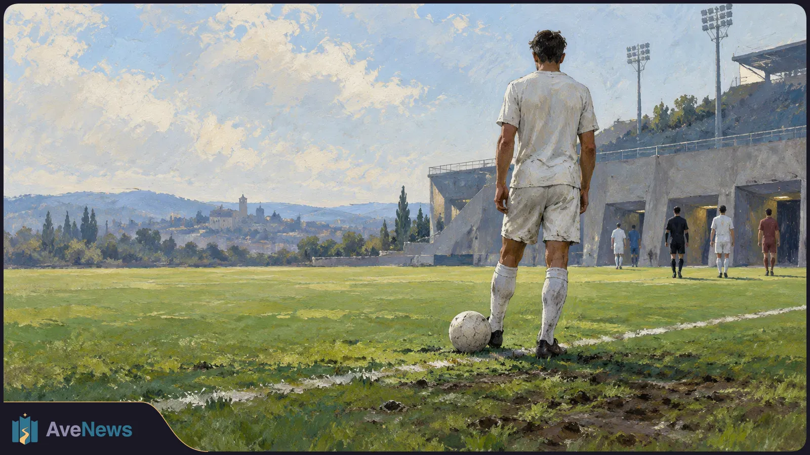 Painted scene of a soccer player in white standing beside a ball on a field, with several players walking toward stadium tunnels in the distance. SI illustration