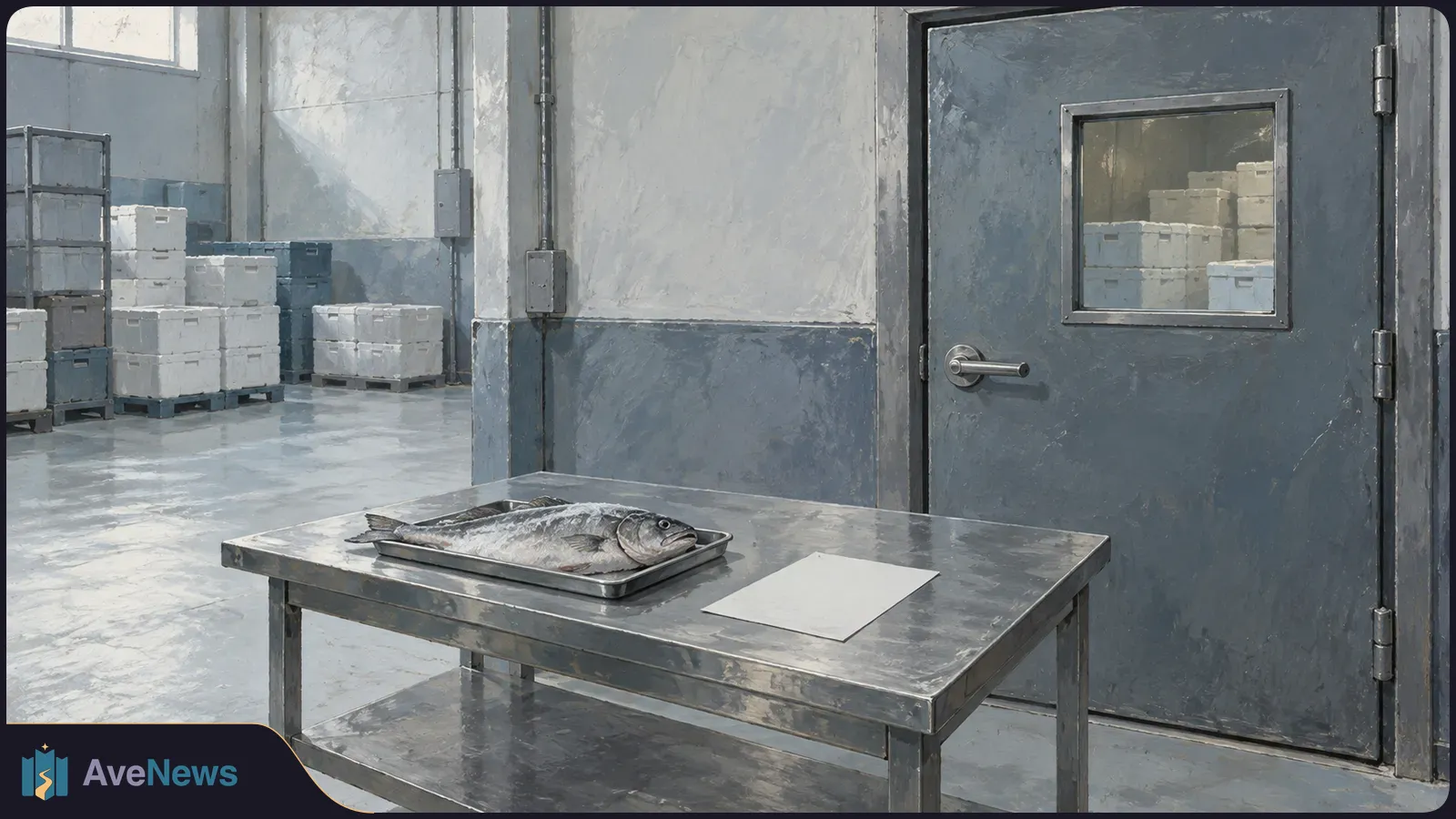 A fish lies on a tray beside a blank sheet on a steel table. Stacked crates and a gray door fill the industrial room. SI illustration
