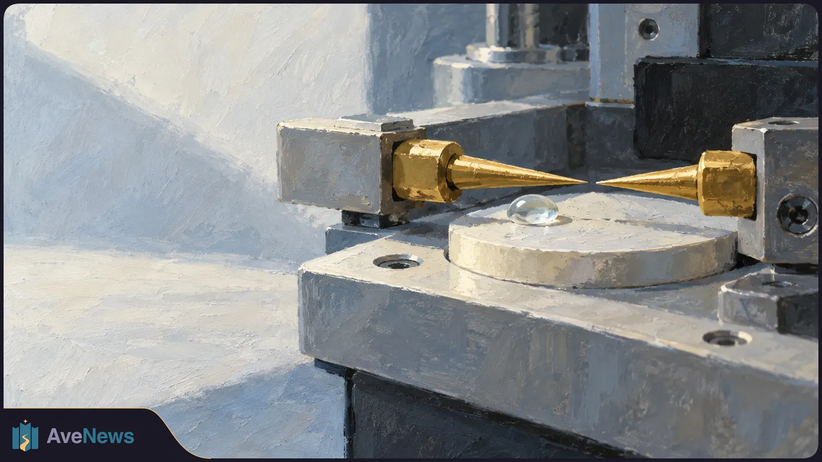 Painted close-up of two gold-tipped probes facing each other across a narrow gap, with a clear droplet on the platform below. SI illustration