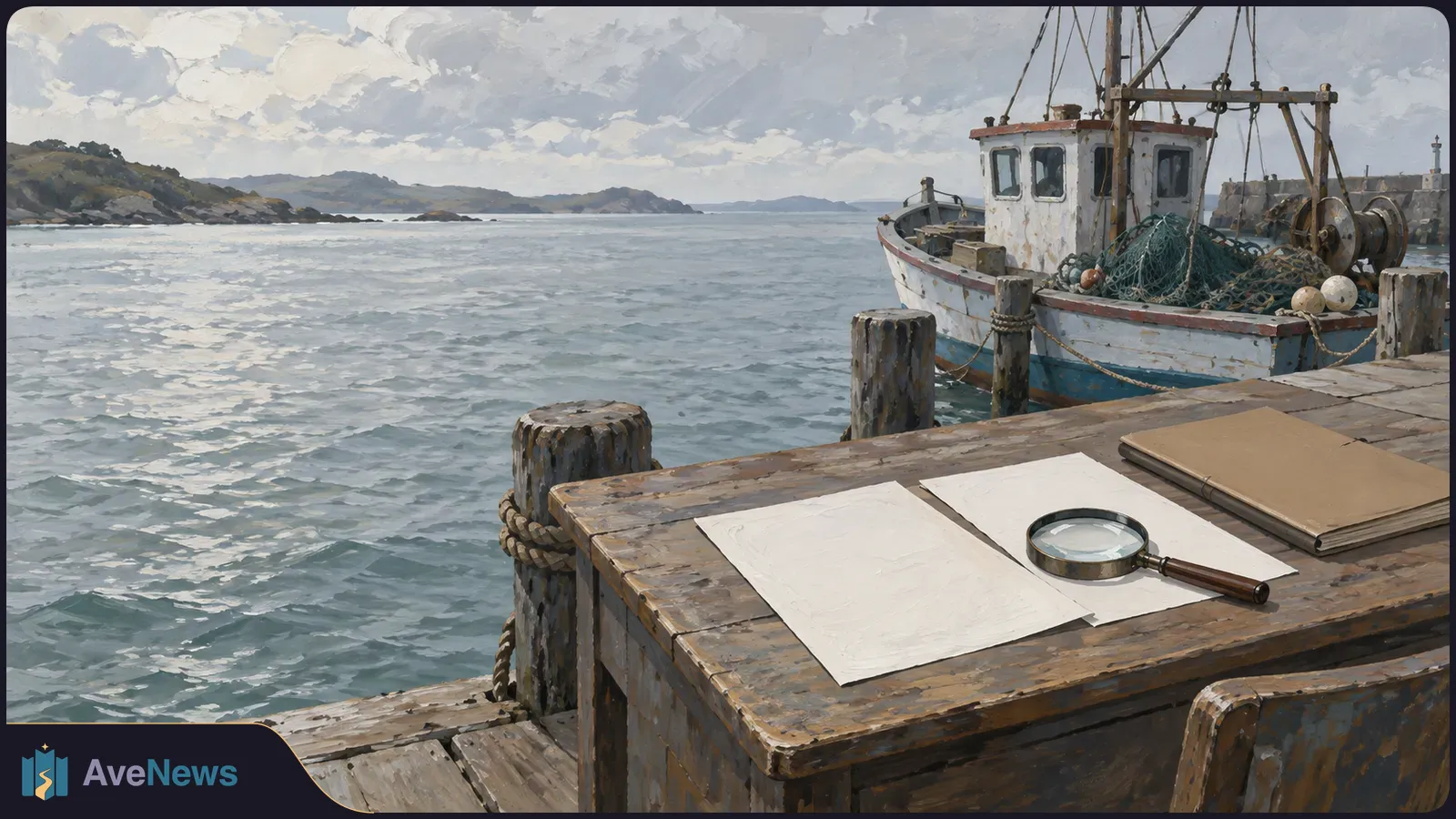 A painted fishing boat with nets is moored beside a pier. Blank papers and a magnifying glass lie on a wooden table in the foreground. SI illustration