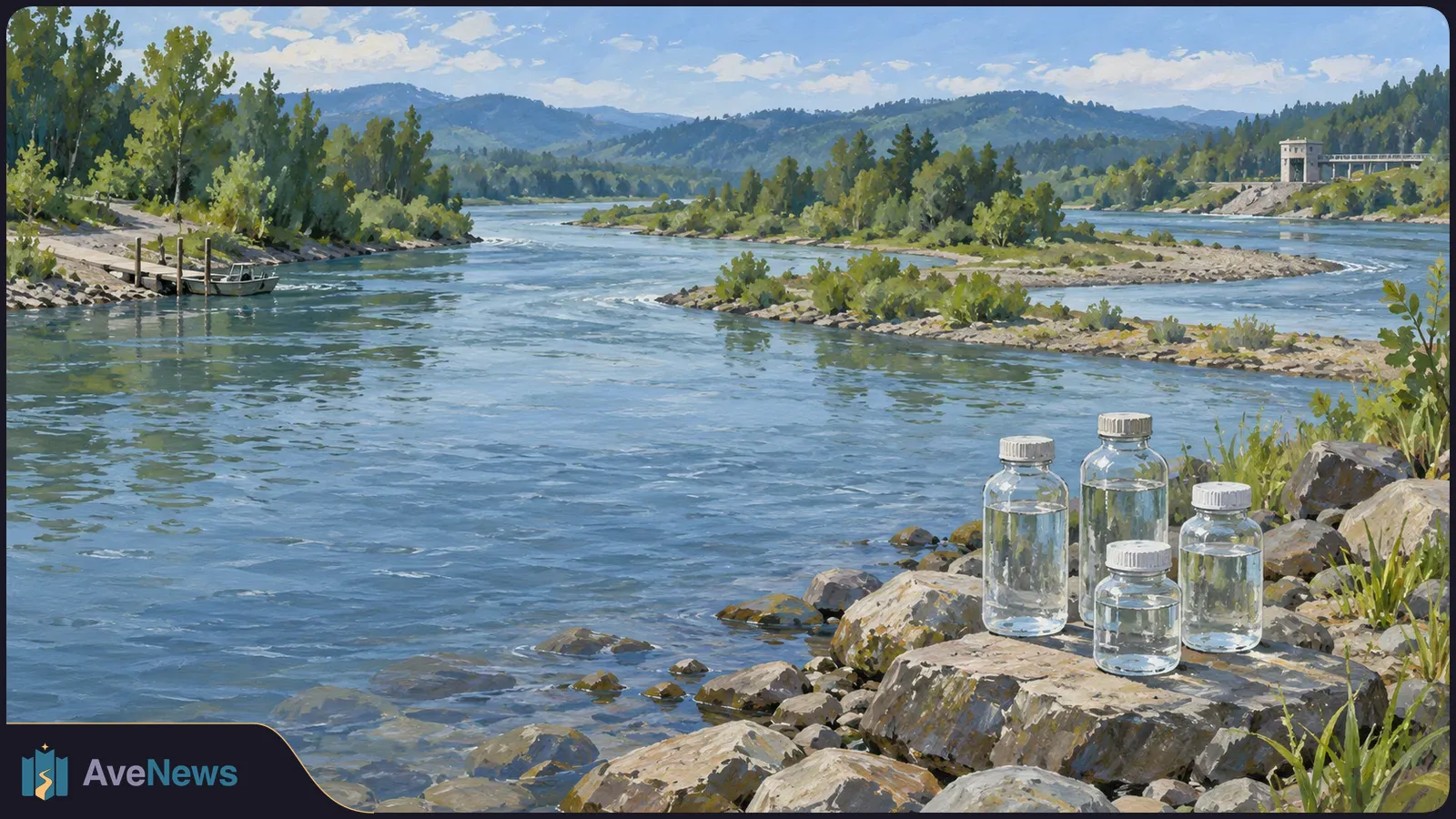 Four clear bottles sit on rocks beside a broad river, with wooded islands, hills, a small boat and a distant structure under a blue sky. SI illustration