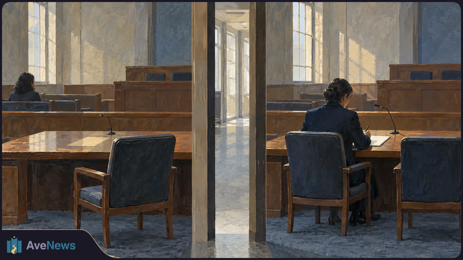 Painterly view of a sunlit hearing room divided by a central doorway. A dark-haired person writes at a desk on the right; another sits farther back on the left. Empty chairs and microphones fill the foreground. SI illustration