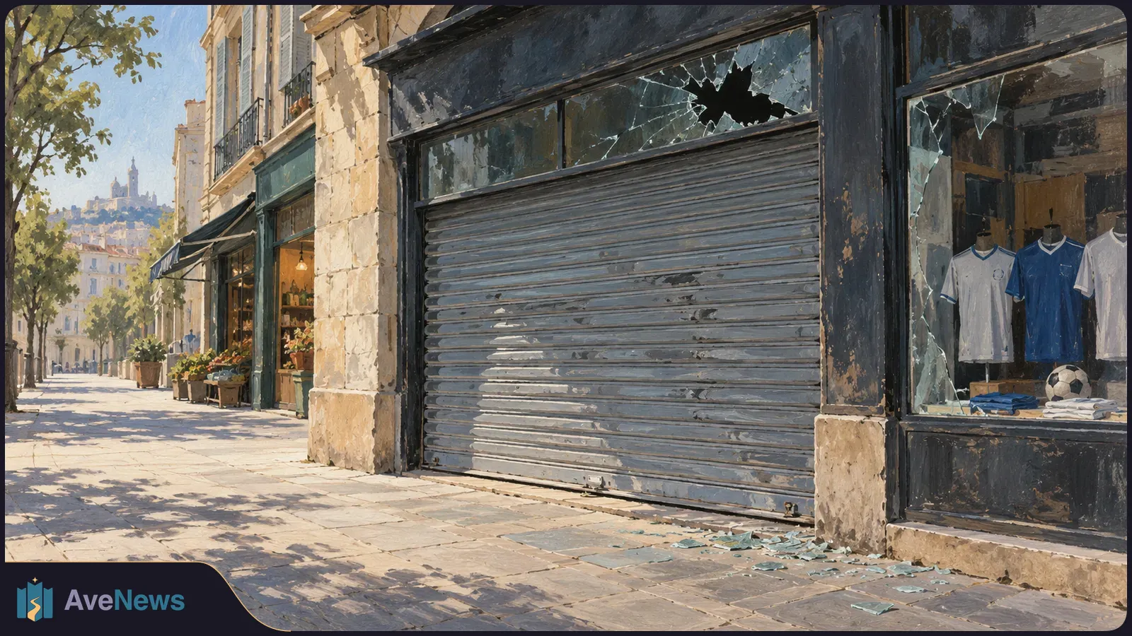 Painted street scene with a closed metal shop shutter, shattered storefront windows, glass on the pavement, and football shirts and a ball in the display. SI illustration