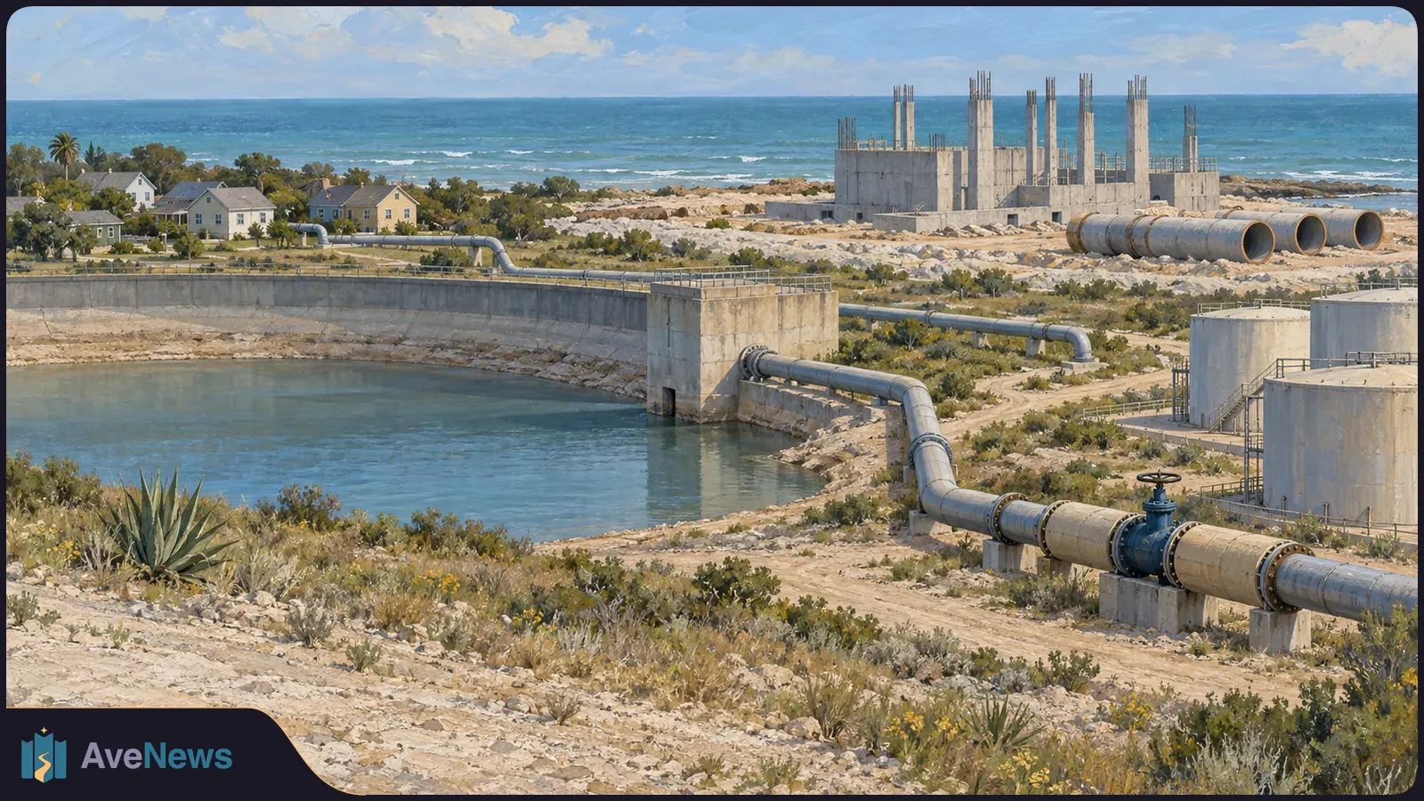 Illustration of a coastal waterworks site with a reservoir, large pipes, storage tanks and an unfinished concrete structure; houses and the sea are in the background. SI illustration
