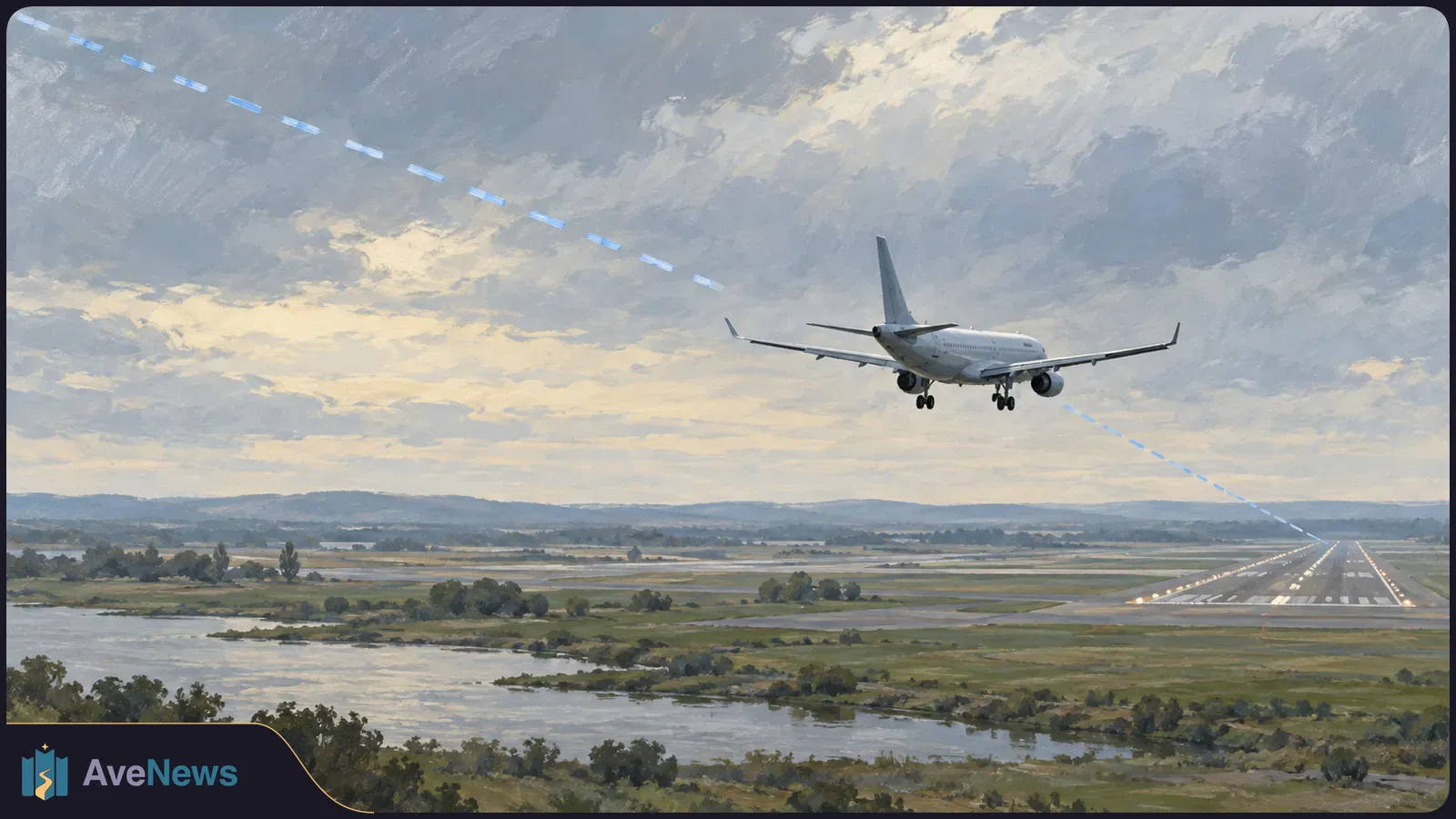 A painted passenger jet with landing gear down approaches a runway beside water. A broken blue dashed path crosses the cloudy sky. SI illustration