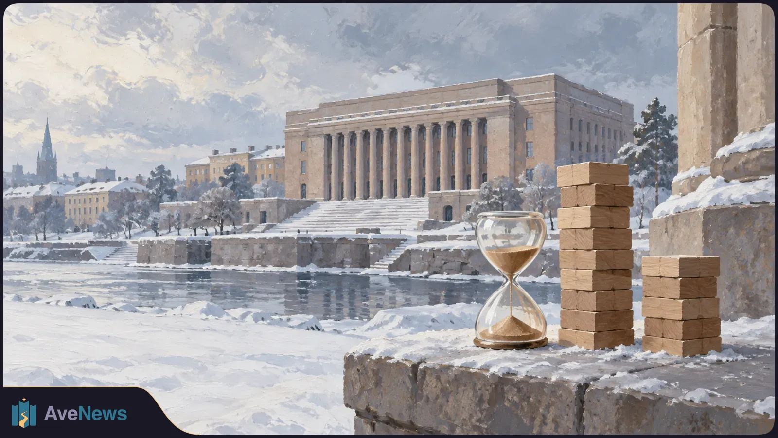 A painted winter cityscape with a large colonnaded building across the water. An hourglass and two stacks of wooden blocks sit on a snowy stone ledge in the foreground. SI illustration