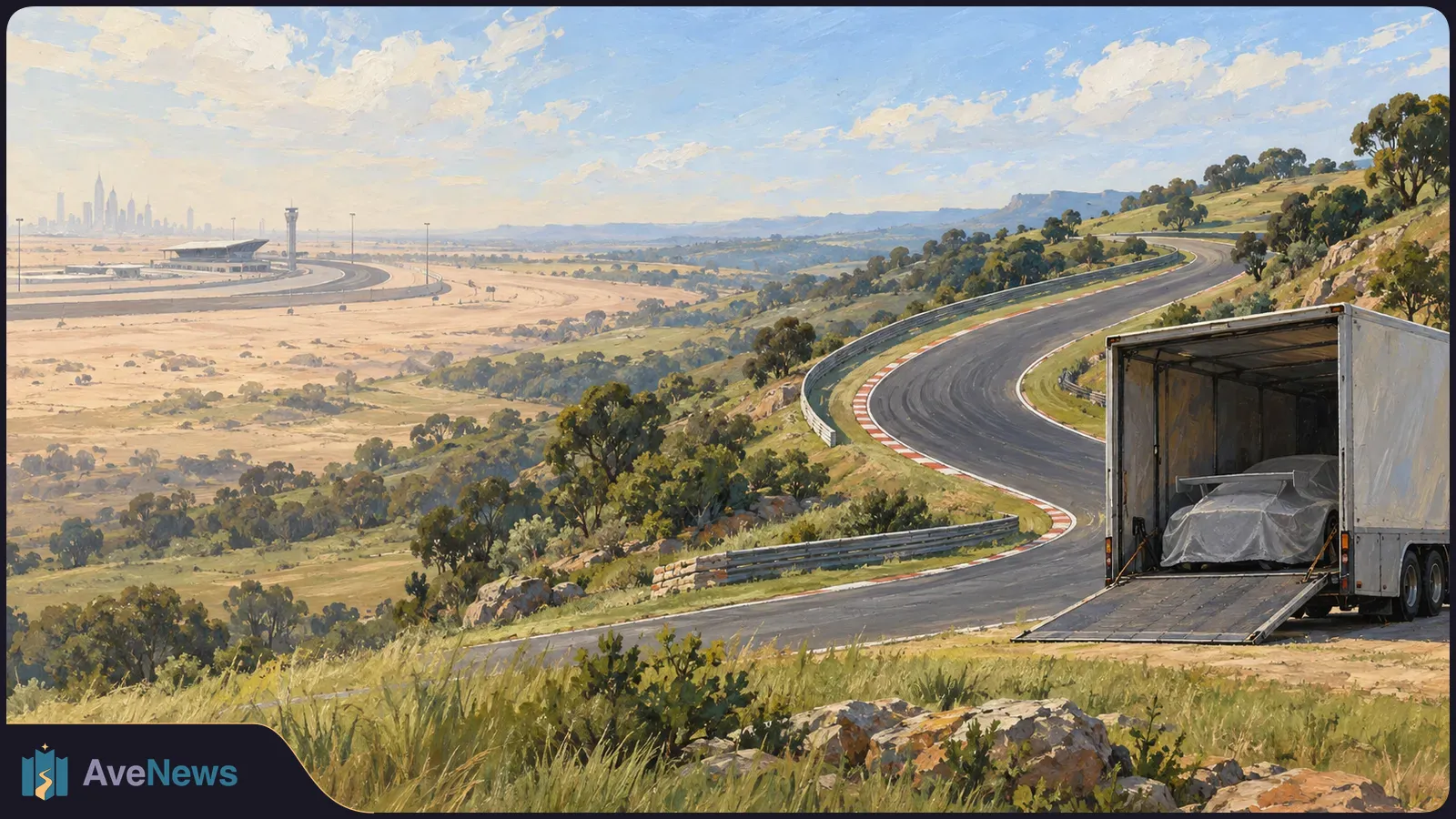Painted scene of a winding racetrack through green hills, with an open trailer holding a covered car in the foreground and a hazy skyline across a dry plain. SI illustration