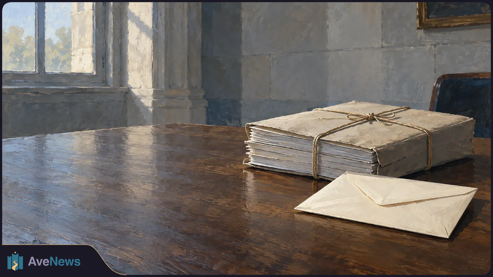 A thick bundle of papers tied with string and a sealed envelope rest on a wooden desk beside a sunlit window. SI illustration