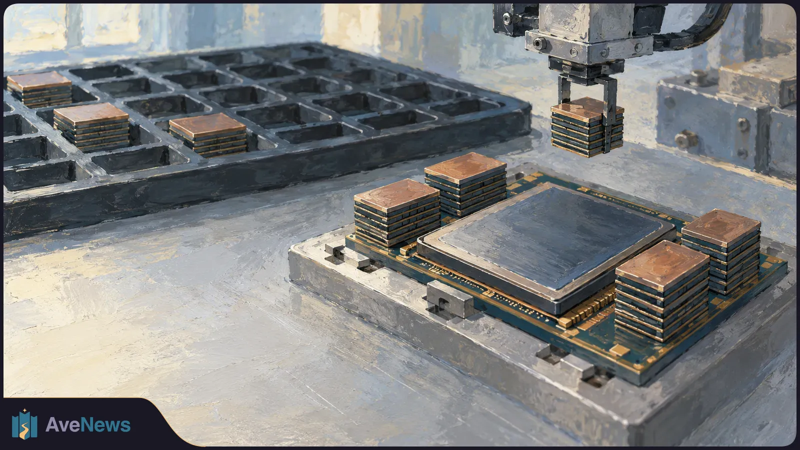 Painterly illustration of a robotic gripper lifting a stack of chips above a circuit board with a large square chip and several other stacks; an empty compartment tray sits behind it. SI illustration