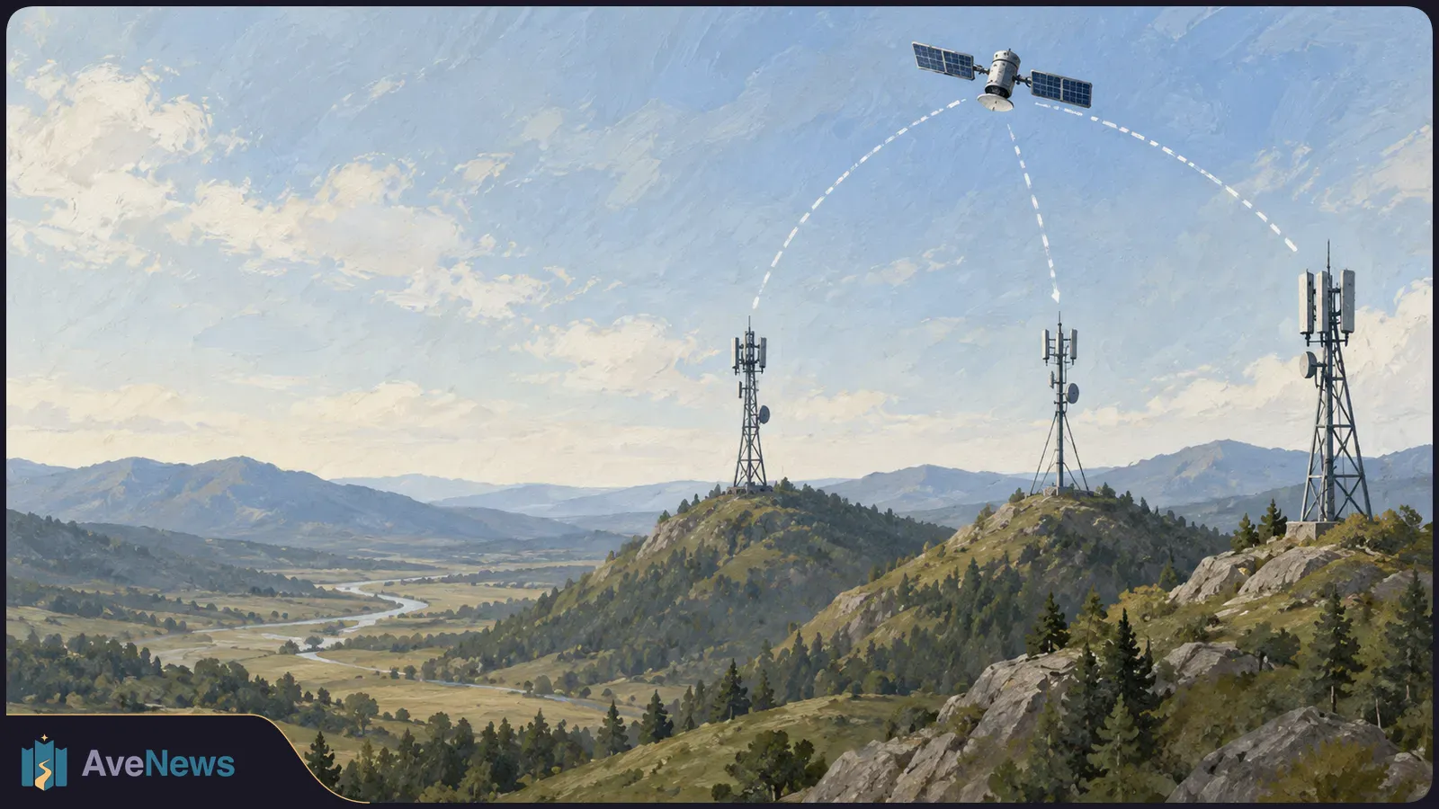 Painted mountain valley with three cell towers on separate ridges, linked by dashed lines to one satellite overhead. SI illustration