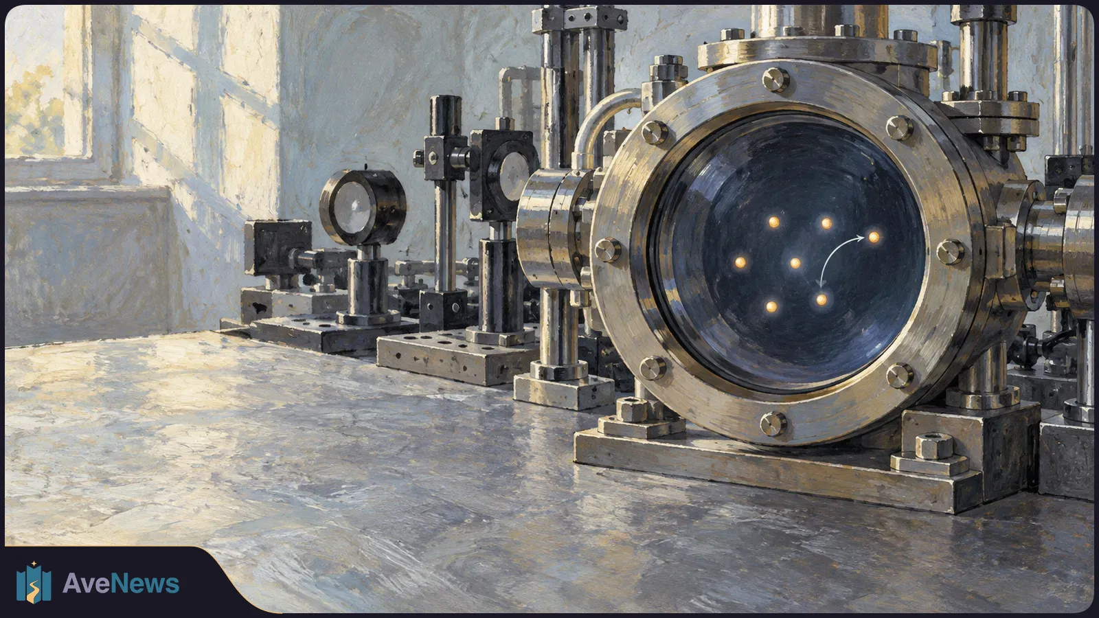 A painted laboratory machine with pipes and gauges surrounds a round dark chamber. Seven glowing dots and a curved arrow appear inside it. SI illustration