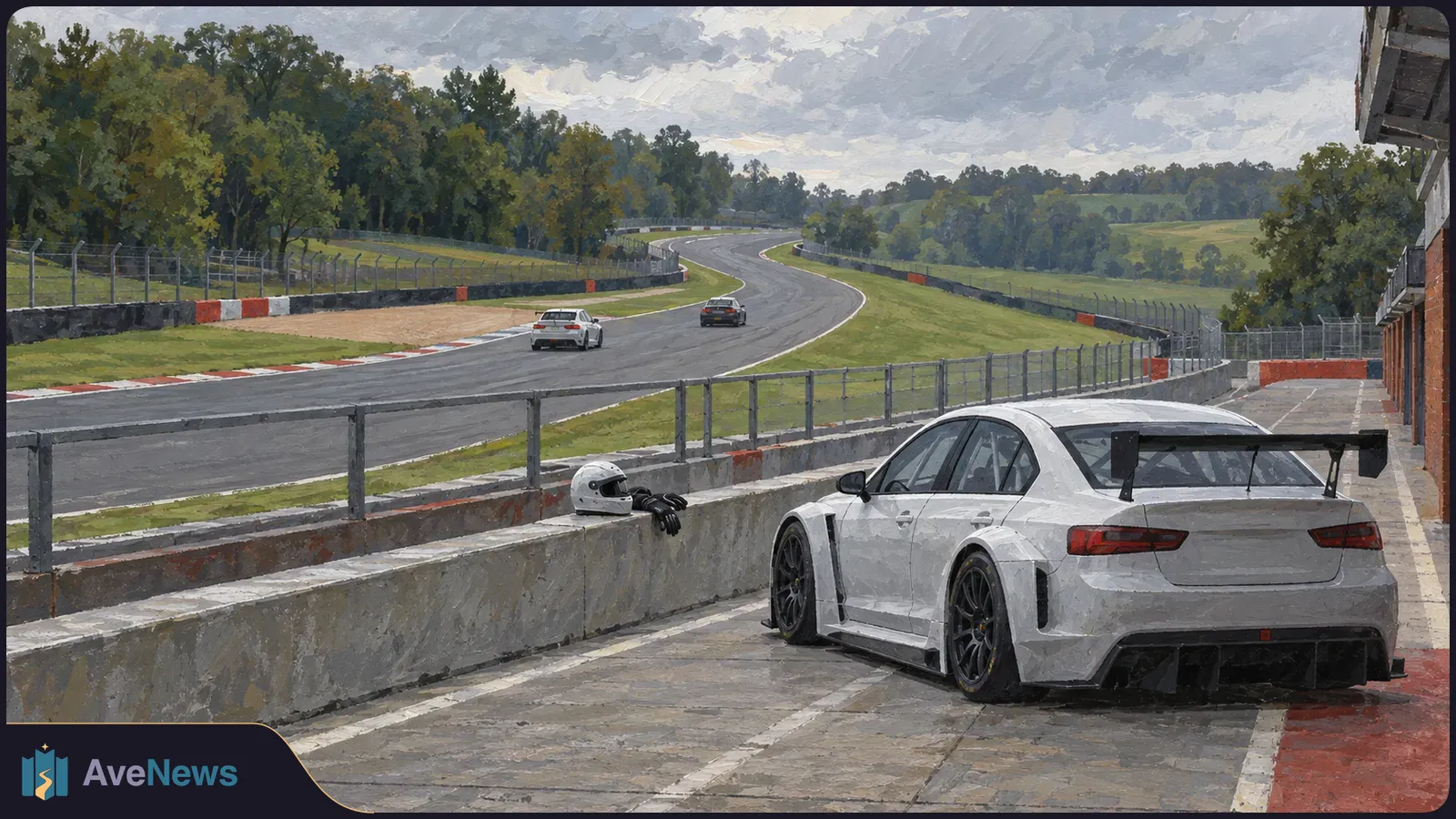 A white race car is parked in a pit lane beside a helmet and gloves on the wall, while two cars drive along a winding track under a cloudy sky. SI illustration