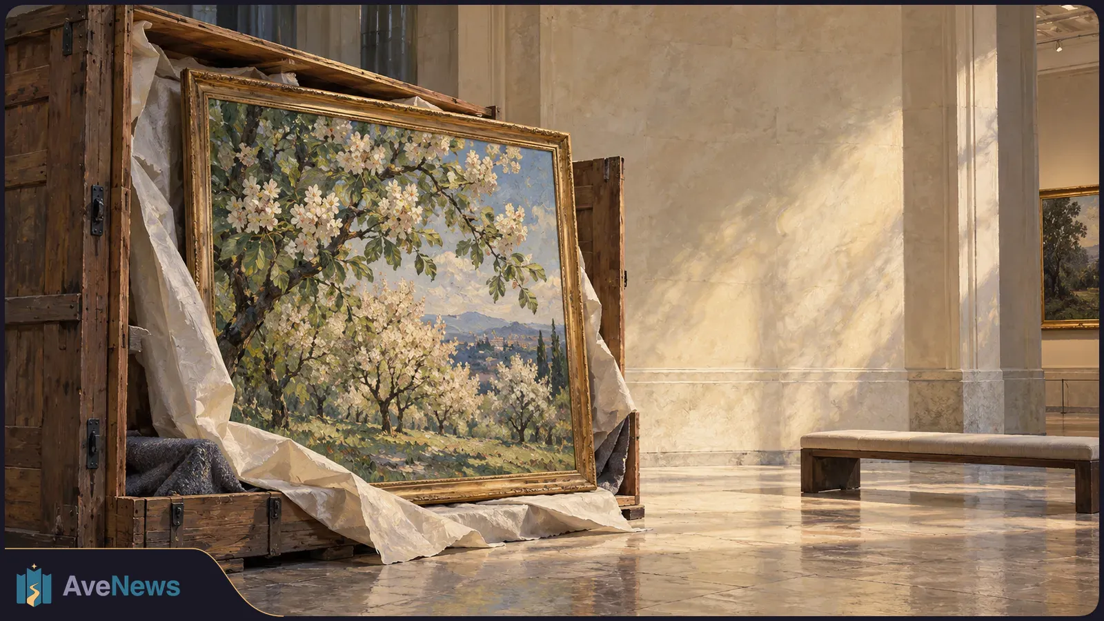 A framed painting of flowering trees leans against an open wooden crate in a gallery, with packing paper spread across the floor and a bench nearby. SI illustration