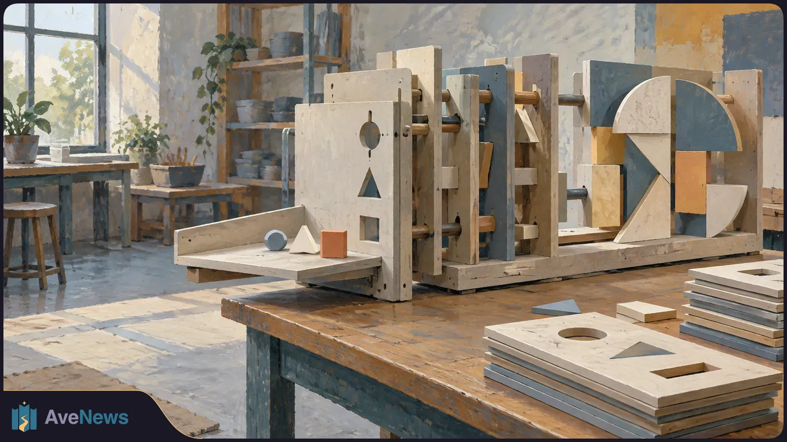 Painterly workshop scene with a wooden apparatus holding geometric panels and blocks on a worktable; stacked cutout boards sit beside it. SI illustration