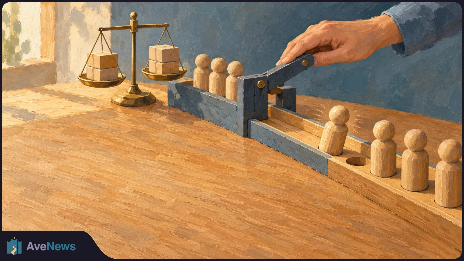 An illustrated hand holds a dark lever beside rows of wooden peg figures on a tabletop. At left, a brass balance scale holds stacked blocks. SI illustration
