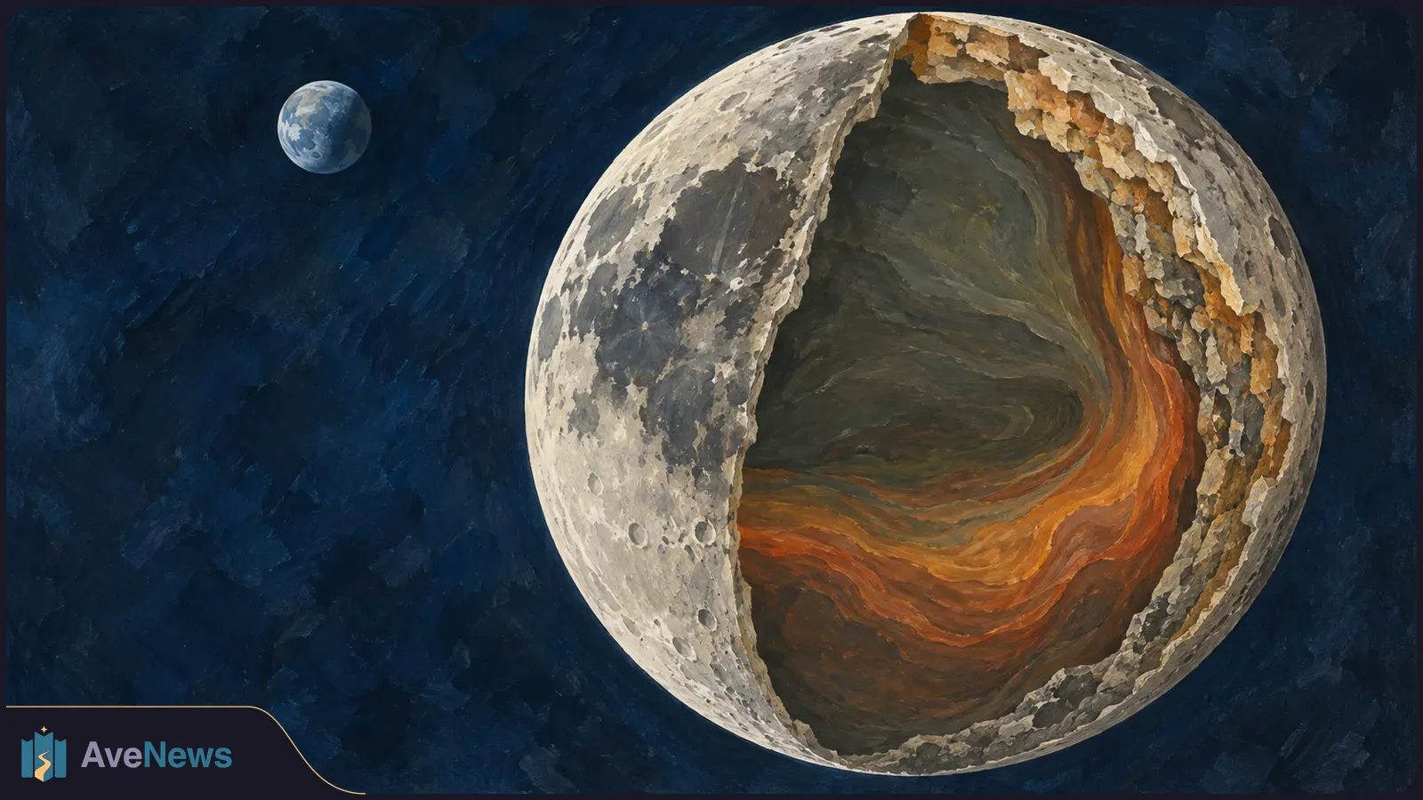 A painted cutaway of the Moon shows dark rock and sweeping orange layers beneath its cratered surface, with a small Earth in the dark blue background. SI illustration