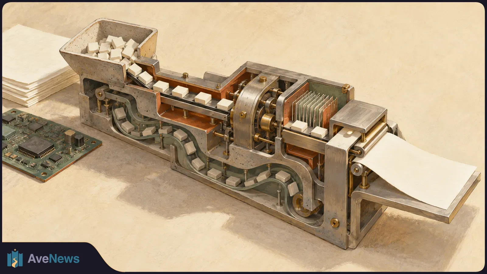 Illustration of a metal conveyor moving small blocks from a hopper toward a blank sheet of paper, with a circuit board beside it. SI illustration