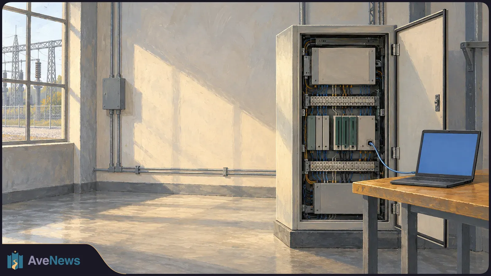 An open electrical control cabinet is cabled to a laptop with a blank blue screen in a sunlit room; substation equipment is visible through the window. SI illustration