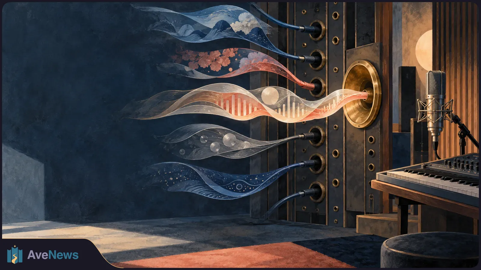 In an illustrated recording studio, translucent blue and coral sound waves flow from cables toward a brass speaker, beside a microphone and keyboard. SI illustration