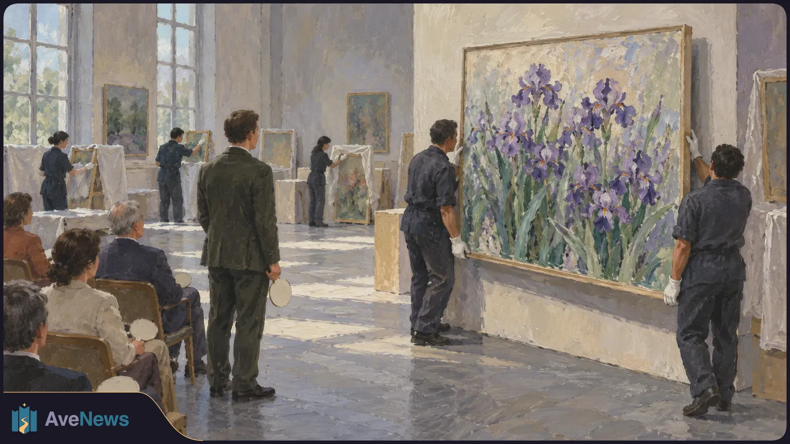Painterly illustration of handlers positioning a large iris painting in a bright gallery, with seated attendees and other covered artworks nearby. SI illustration