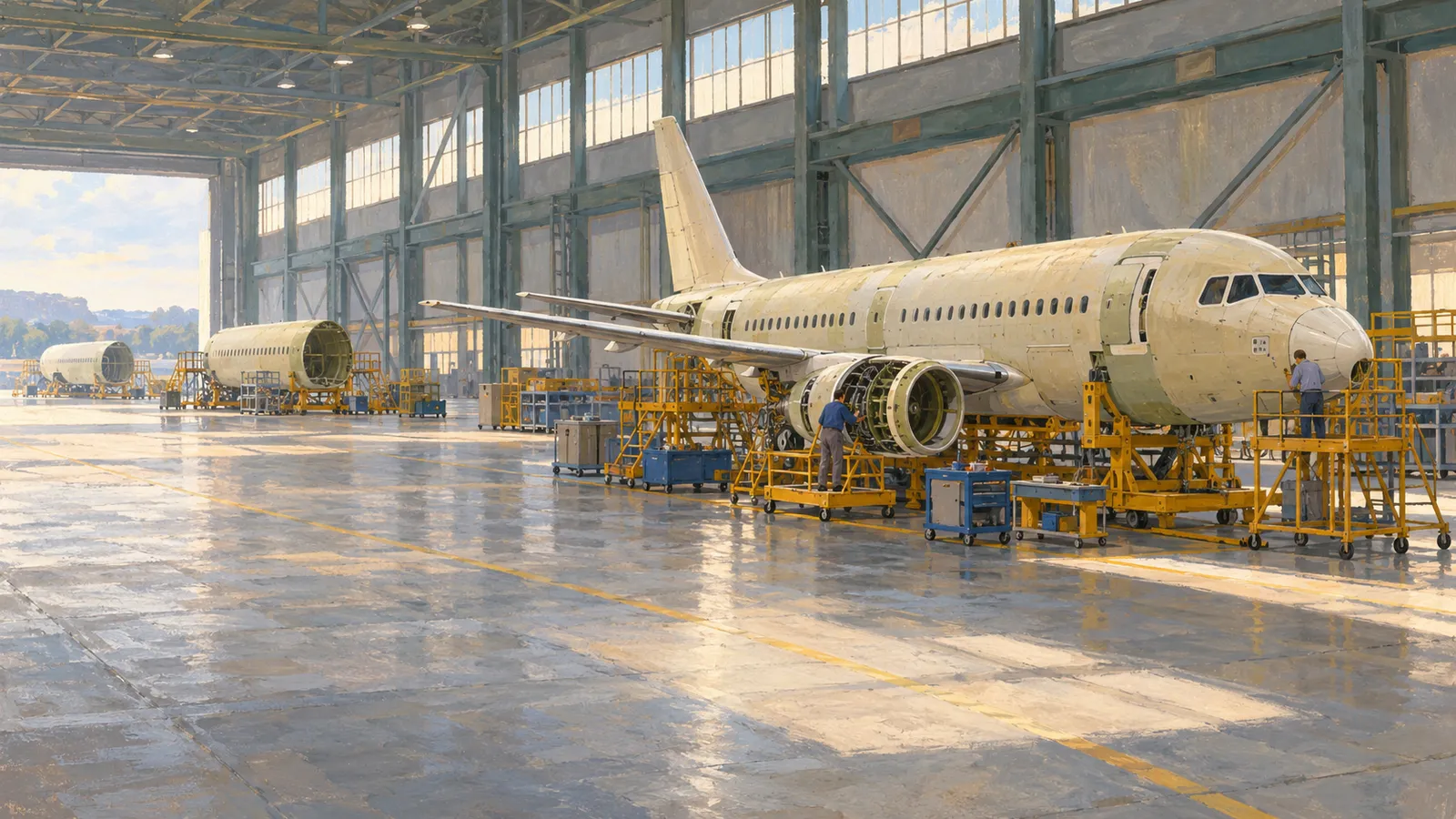 An unfinished passenger jet stands in a sunlit hangar, surrounded by yellow platforms and workers. Other fuselage sections sit in the background. SI illustration
